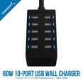 thumbnail image 2 of SABRENT 60 Watt (12 Amp) 10-Port Family-Sized Desktop USB Rapid Charger. 6 Micro USB Cables [X3-3foot. and X3-1foot] Black (AX-TU63), 2 of 7