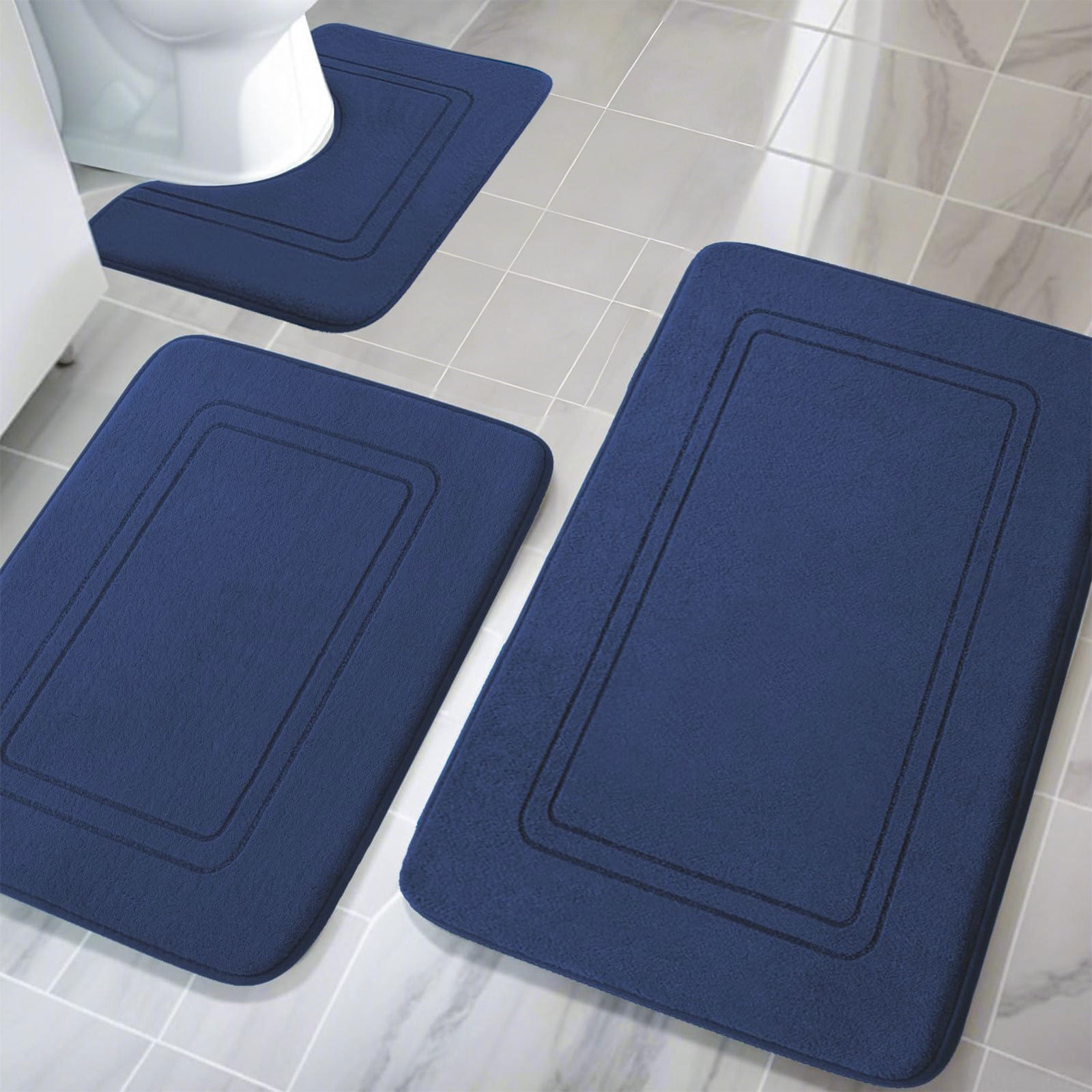 Tripumer 3 Pcs Navy Blue Memory Foam Bath Mat Set Bathroom Rugs Set U Shape Toilet Mats for Toilet Shower Sink