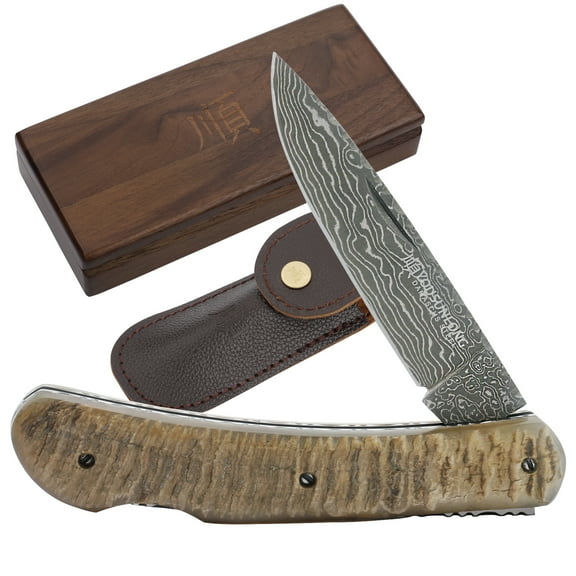 YOUSUNLONG Folding Knife Pocket Knife Overall 175mm - Japanese Damascus Steel Natural Antelope Horn Handle