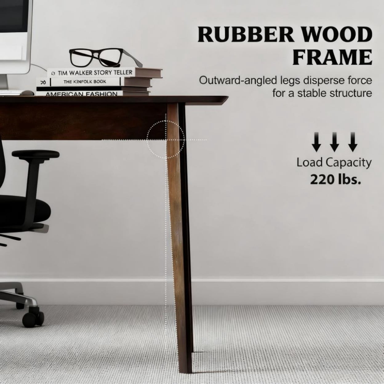 Mid Century Modern Dining Table, 47.2" Rectangular Kitchen Table with Rubber Wood Frame, 4 Person Dining Room Table for Home, Work, Crafts, Dark Mahogany