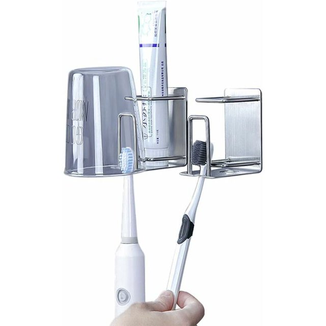 Soporte multifunción para cepillos de dientes, soporte para pasta de dientes y portavasos, seco, acero inoxidable, montaje en pared (PAQUETE DE 2) -