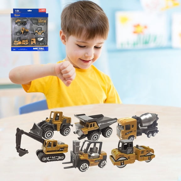 A Set Of 6 Alloy Engineering Vehicles For Boys Excavator And Forklift Stacker Toy Cars Friction Powered Pull Back No Battery