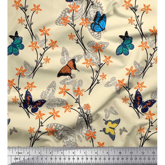 Soimoi White polyester Crepe Fabric Flower & Butterfly Printed Fabric 1 Yard 42 Inch Wide