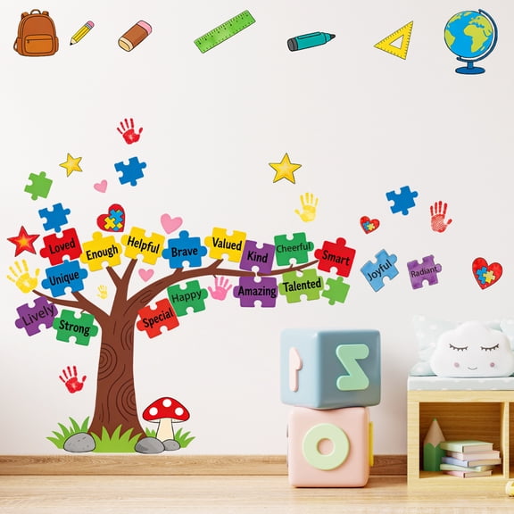 Cartoon Puzzle Tree Motivational Wall Decals for Study Room and Bedroom Wall Decoration in Back to School Season