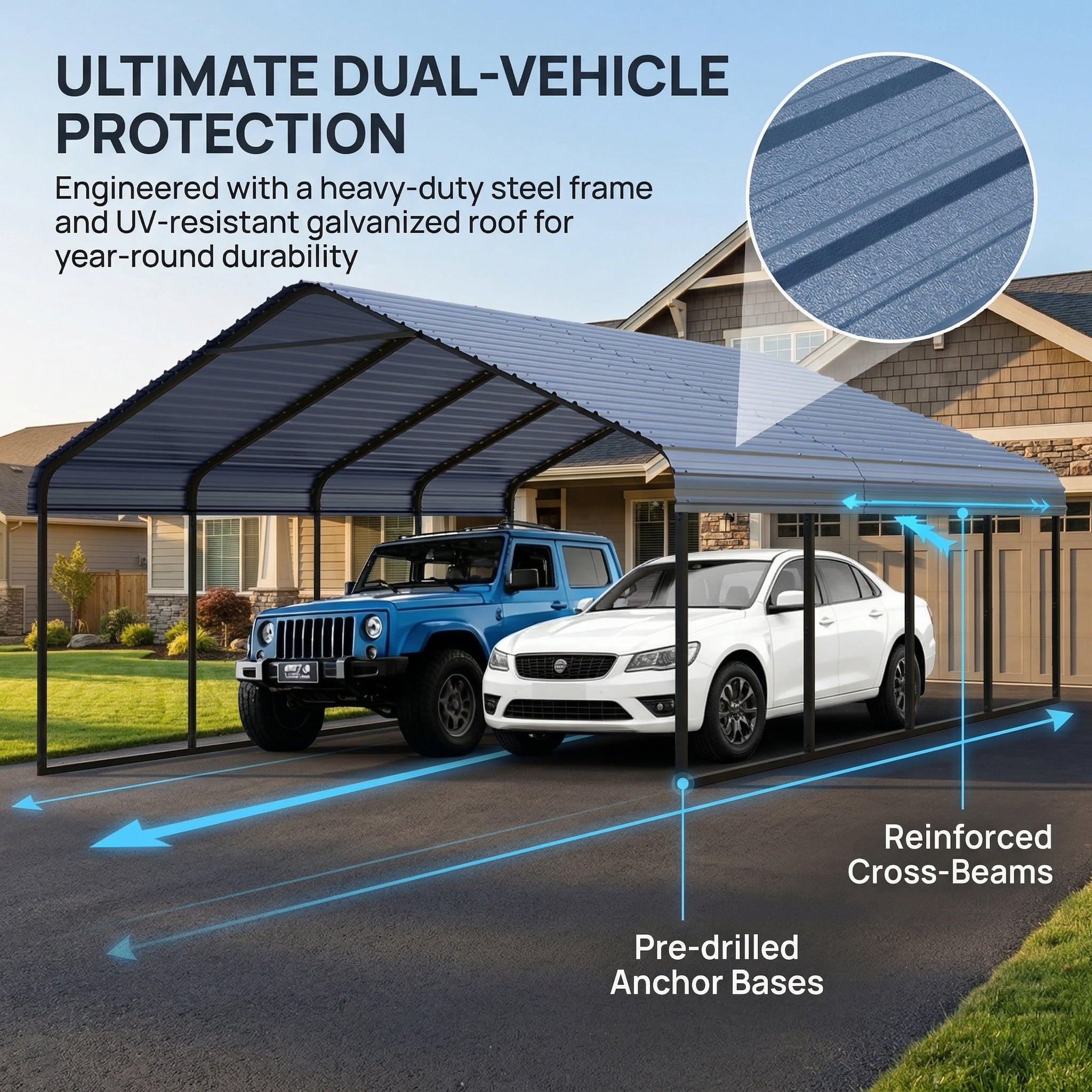20x20 FT Heavy Duty Metal Carport - Galvanized Steel Frame & Roof, All-Weather & Snow Load Protection for Cars, SUVs, Trucks, RVs, Boats, UV Resistant, Rust-Resistant, Snow-Resistant Portable Shelter