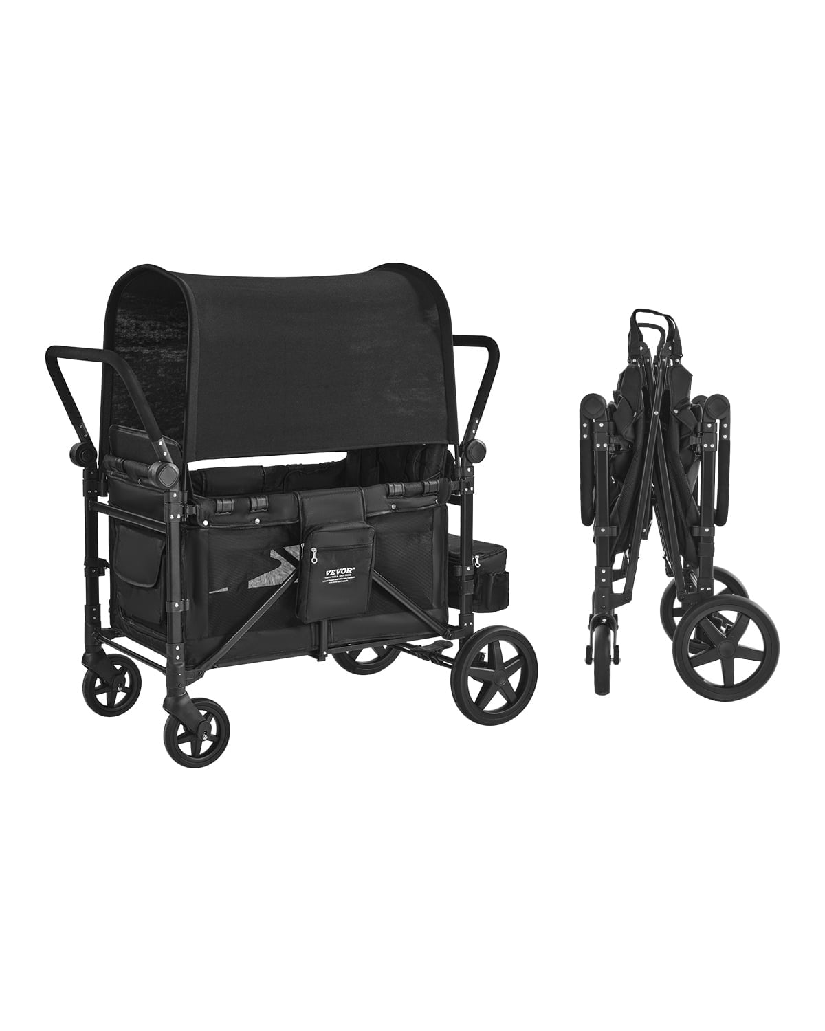 VEVOR Wagon Stroller for 4 Kids, Push Pull Quad Collapsible Stroller with Adjustable Handle, 5-Point Safety Harness & Removable Canopy,4-Seater Stroller Wagon for Camping, Black (330LBS Loading)