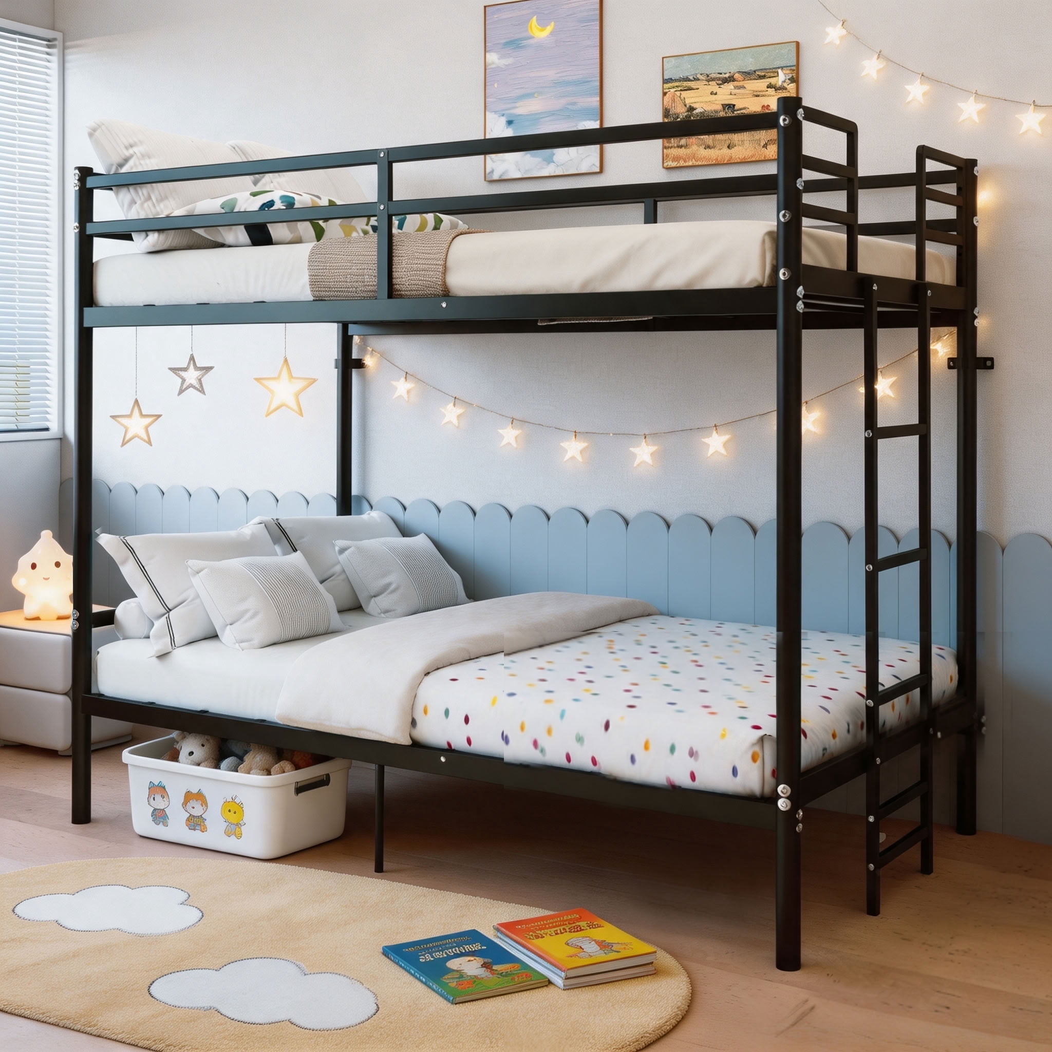 MAYEERTY Twin Over Twin Metal Bunk Bed with Ladder and High Guardrail, Split into 2 Separate Twin Beds, Noise-Free Storage Space, for Kids Teens Adults Bedroom Dorm