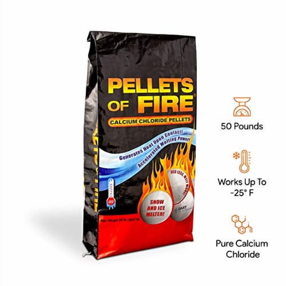 PELLETS OF FIRE Calcium Chloride Ice Melt - 50 Pound Bag - Best Heat Generating Rock Salt for Snow and Ice ā Concrete Safe - Industrial Grade, Home and Commercial Use - Works in -25° F