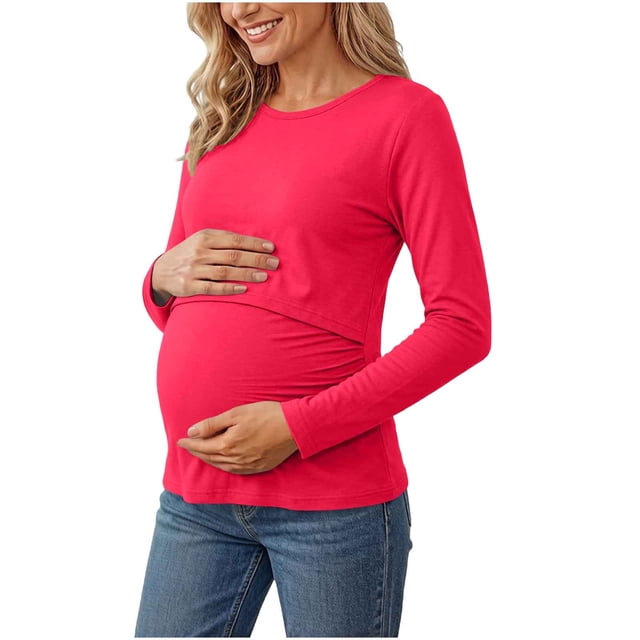 Neewe Women's Cotton Blend Solid Color Crew Neck Long Sleeve Maternity T-Shirt Top Pregnancy Shirt