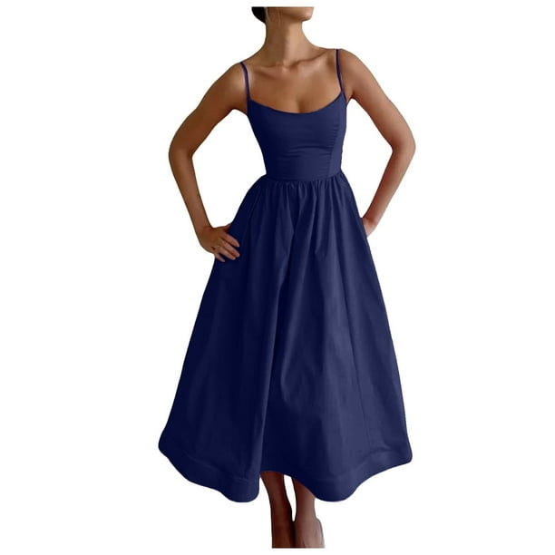 Vestido sin mangas y sin espalda de corte A para mujer - Vestido largo de tirantes de color liso para el verano, elegante para la playa o una fiesta