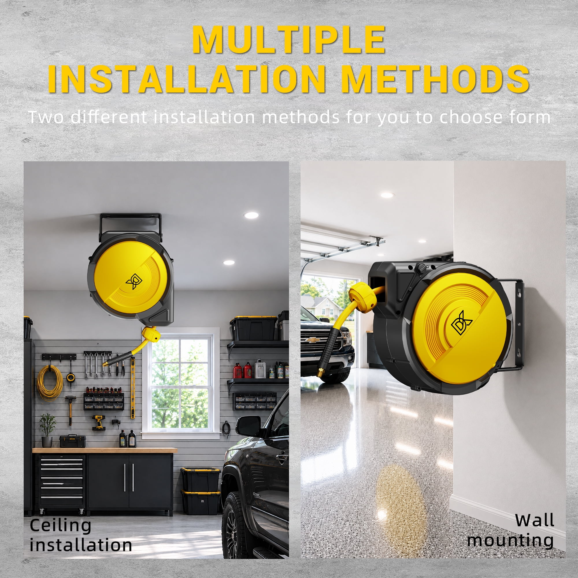Dkenicor 40ft Retractable Air Hose Reel,5/16" 300 PSI Heavy Duty with 180° Swivel & Lock,6.5ft Lead-in Hose for Garage Workshop,Yellow