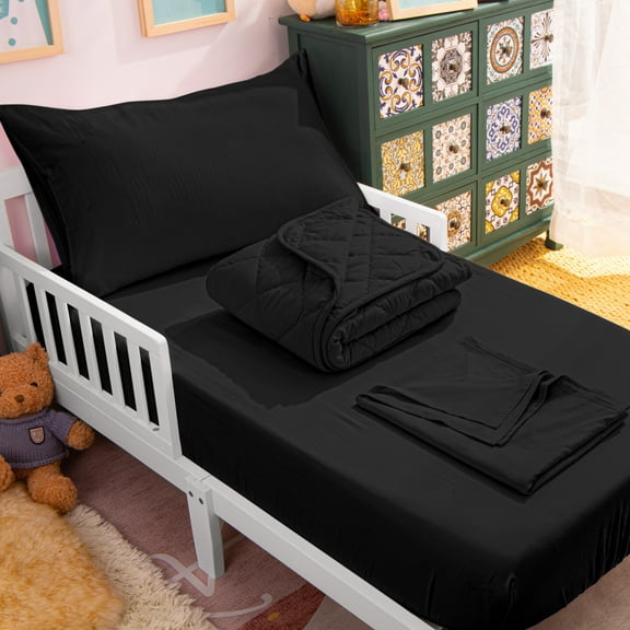 Ntbay 4 Piece Microfiber Toddler Bedding Set, Ultra Soft and Breathable Crib Sheet Set, Includes Quilted Comforter, Fitted Sheet, Flat Top Sheet and Envelope Pillowcase, Black