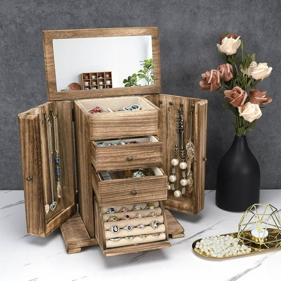 Jewelry Box for Women, Rustic Wooden Jewelry Boxes & Organizers with Mirror, 4 Layer Jewelry Organizer Box Display for Rings Earrings Necklaces Bracelets