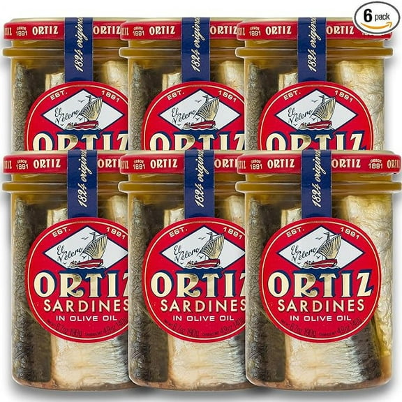 Ortiz Sardines in Olive Oil, 6.7 oz. Jar 6 Pack | Spanish Old Style Sardines ‘A la Antigua', Skin On | Sardines in Olive Oil, Wild Caught [6.7 oz. Each]