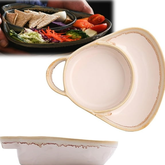 Soup and Sandwich Bowl for Breakfast Cookies Bread Salad Fruits,Soup and Sandwich Plate Combo,Heat-Resistant Fan Shape Ceramic Split Cereal Bowl with Retro Handle for Home and Restaurant