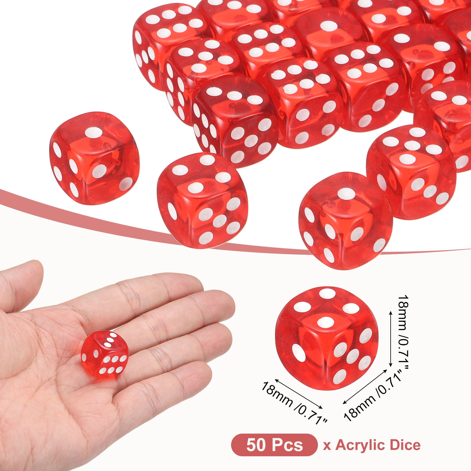 50Pack 6 Sided Acrylic Dice, 18mm/0.71" Rounded Corner Translucent Colored D6 Game Dice for Theme Party Fun Table Board Games, Red
