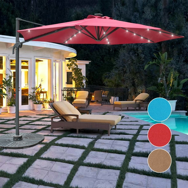 Sundale Outdoor 10ft Solar Powered 28 Led Lighted Umbrella Hanging Roma Offset Umbrella Outdoor Patio Sun Shade Cantilever Crank Canopy Walmart Com Walmart Com