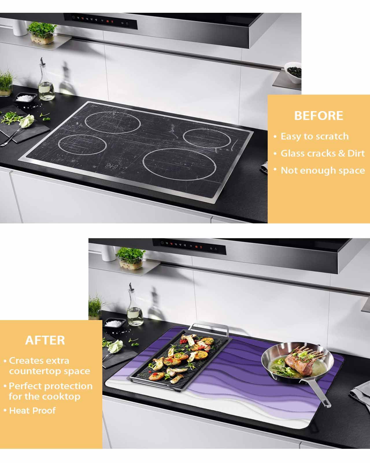 nqOlkjepod Large Induction Cooktop Protector Mat 24"x21", Purple Ombre Stripes Stove Top Covers for Electric Stove, Gradient Abstract Ocean Waves Art Stove Burner Cover Mats, Glass Top Stove Cover
