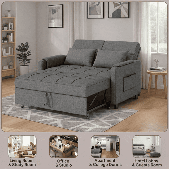 51.2" 3-in-1 Convertible Loveseat Sleeper: Pull-Out Futon Sofa Bed with Adjustable Backrest & Side Pocket for Living Room, Office, Apartment - Dark Grey