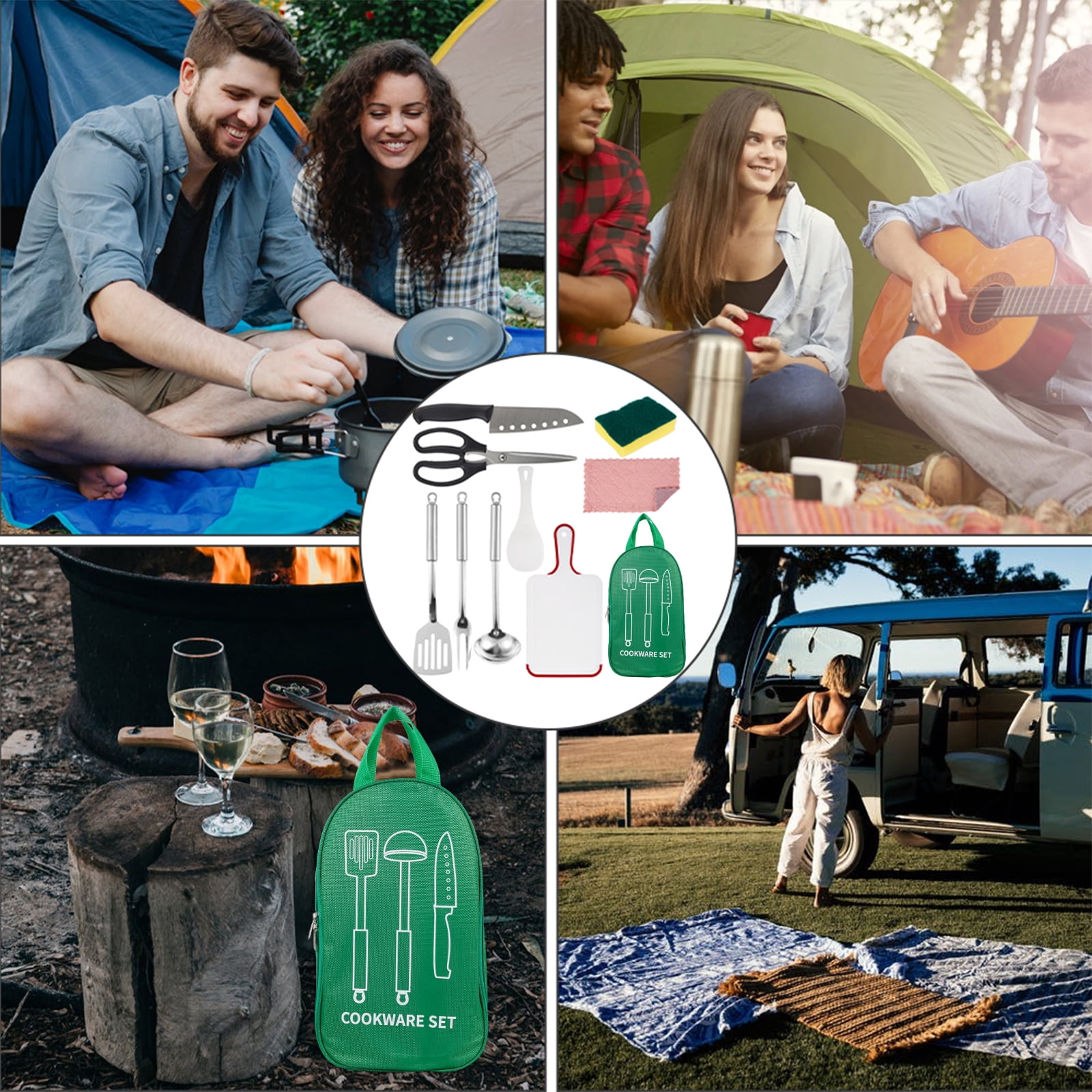 Jetcloudlive 9 Piece Camp Kitchen Cooking Utensil Set Travel Organizer Grill Accessories Portable Compact Gear for Backpacking BBQ Camping Hiking Travel Cookware Kit Water Resistant Case