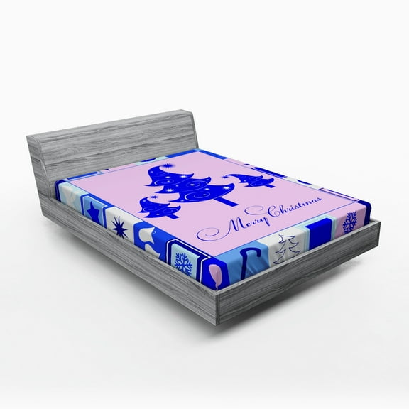 Christmas Fitted Sheet, Merry Christmas Words with Square Frames Trees Candy Star, Soft Decorative Fabric Bedding, Full Size, Vermilion Pale Pink, by Ambesonne