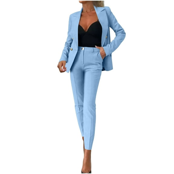 Sexlip Womens Blazer Two Piece Set Long Sleeve Jacket High Waist Pants Soft Fabric Structured Cut for Office Wear Blue XXL