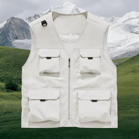DayScoop Mens Vest Solid Color Sleeveless Jacket Big & Tall Winter Fashion V-Collar Zipper Cardigan Multiple Pockets Top Plus Size