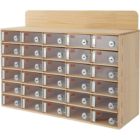 30 Slots Cell Phone Storage Box Clear Acrylic&Wood Wall-Mounted Cell Phone Lockers Storage Cabinet Bin with Door Locks and Keys for Classroom School Students Office Factory Employees