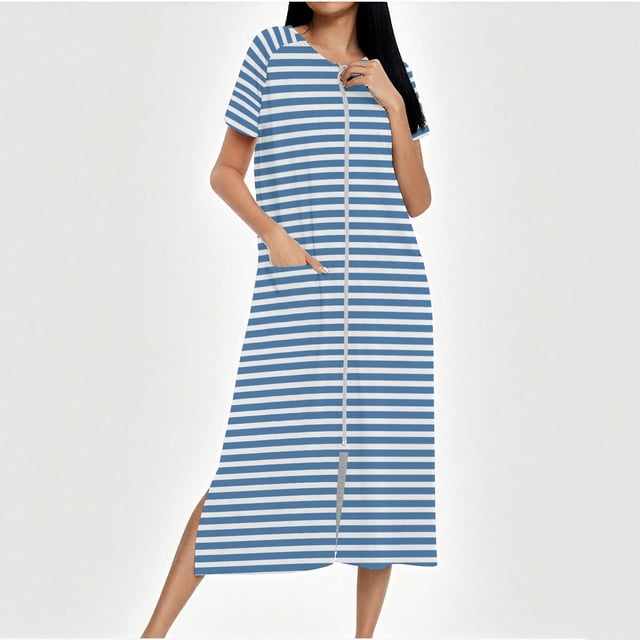 Camisón largo con cremallera para mujer, bata de punto, largo completo, color degradado, con bolsillos