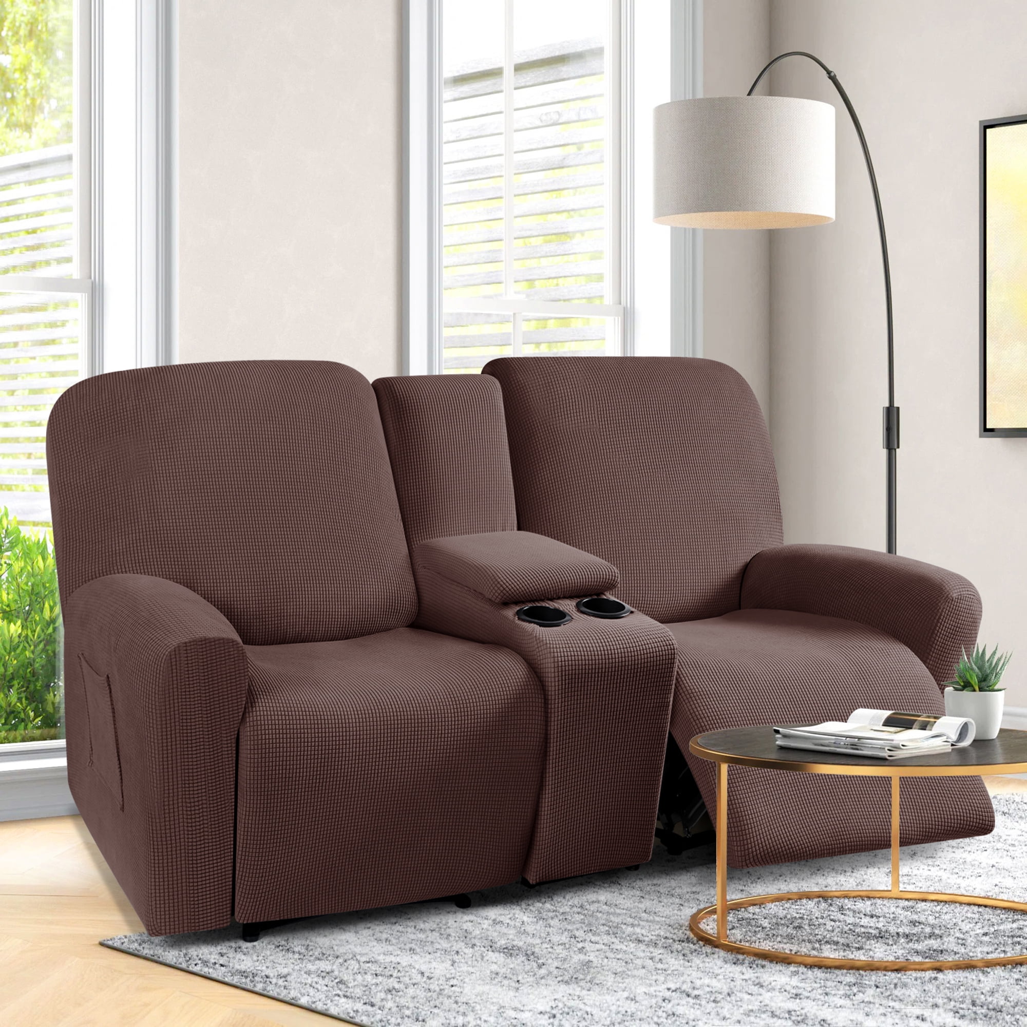 TAOCOCO Stretch Loveseat Slipcover with Middle Console, 4-Pieces Reclining Sofa Cover for 2 Seat Couch Recliner Sofa Slipocvers Furniture Protector, Chocolate