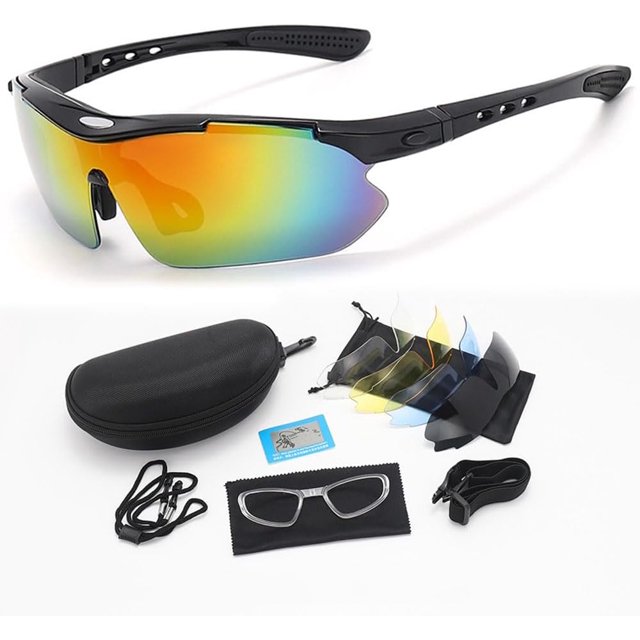 Gafas de sol deportivas para ciclismo: Protección UV400 con 5 lentes intercambiables en diseño negro brillante, ideales para carretera y montaña.