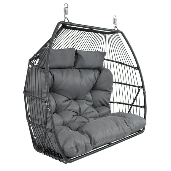 Sunnydaze Andrei Polyrattan 2-Person Egg Hanging Chair with Cushions, Dark Gray