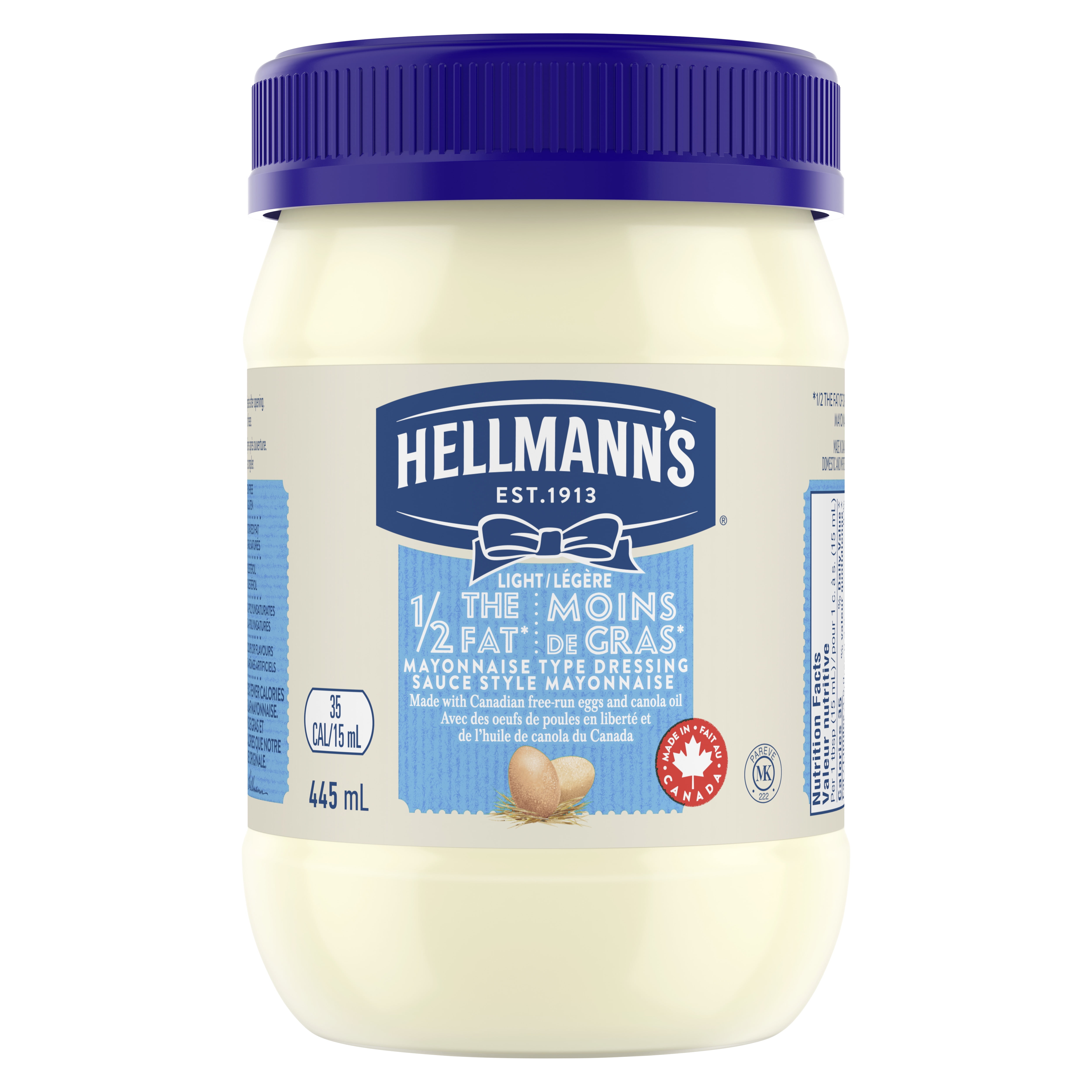 Vinaigrette de type mayonnaise légère Hellmann’s ½ moins de matières grasses, avec œufs de poules élevées en liberté au Canada et huile de canola, pot de 445 mL