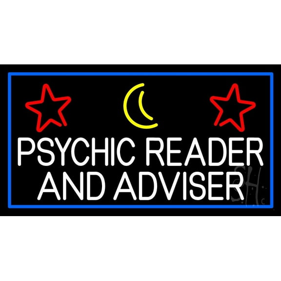White Psychic Reader And Advisor With Blue Border LED Neon Sign 20" Tall x 37" Wide - inches Black Square Cut Acrylic Backing, with Dimmer - Premium built indoor LED Neon Sign for Storefront.