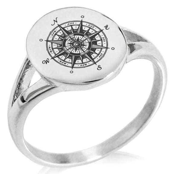Tioneer Stainless Steel Nautical Vintage Compass Minimalist Oval Top Polished Statement Signet Ring