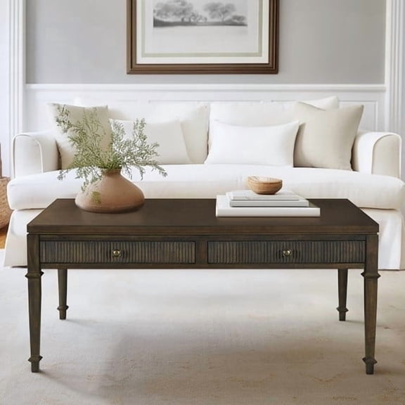 Fluted Dark Brown Wood Veneer 2-drawer Coffee Table for Coastal Living