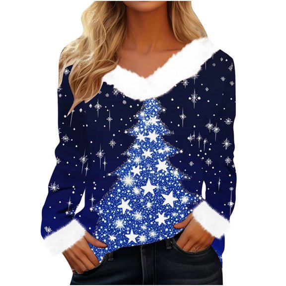 Lovskoo Merry Christmas Sweatshirts Women's Fluffy Trim V Neck Sweaters Casual Loose Xmas Long Sleeve Pullover P-Blue
