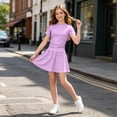 thumbnail image 2 of Tisuna Girls Tennis Outfit Set Kids Solid Color Crew Neck Short Sleeve Tops And Ruffled Skirt Set Breathable Lightweight Child Sport Athletic Clothes Set Size 14-15 Years Purple, 2 of 5