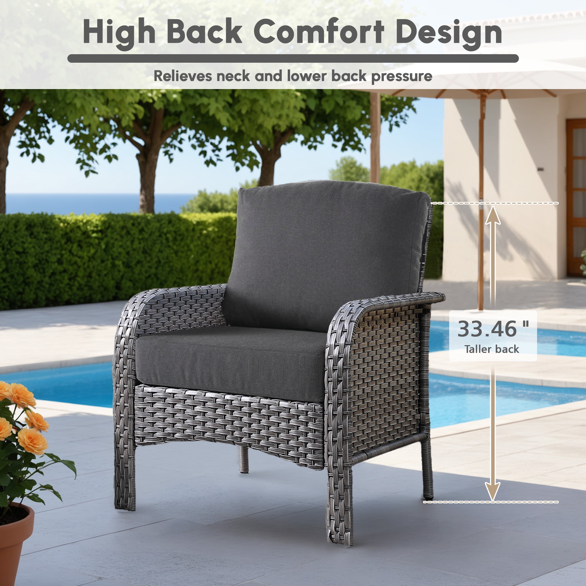 Ovios Patio Chairs Set of 2 All-Weather Wicker Patio Furniture Chairs Set Rattan High-Back Outdoor Armchairs with Cushions, Black