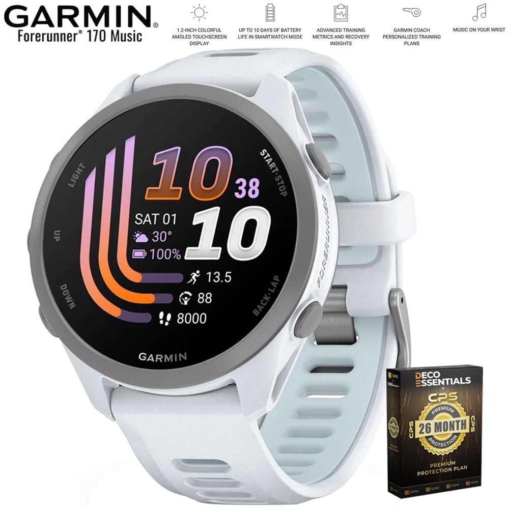 Garmin Forerunner 170 Music Whitestone/Cloud Blue 010-03920-11 Bundle with Deco Essentials Exclusive 26 Month CPS Enhanced Protection Pack