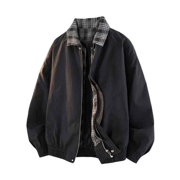 WIZUTIZ Men's Casual Jacket Loose Patchwork Fake Two-Piece Plaid Collar Lapel Full Zip Long Sleeve Polyester Coat for Spring Winter Daily Commute Party Mens Fashion