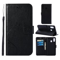 Samsung Galaxy A30 Wallet Case, Dteck Embossed Flower PU Leather Magnetic Flip Stand Case Cover [Built-in Card Slots][w/ Hand Strap] For Samsung Galaxy A30, Black