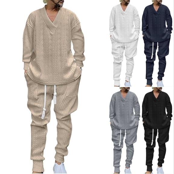 VBTAPA Winter Outfits for Men Jacquard Knit Lounge Sweatsuit 2 Piece V Neck Pullover Sweater and Jogging Sweatpants Tracksuit Set with Pockets Khaki M
