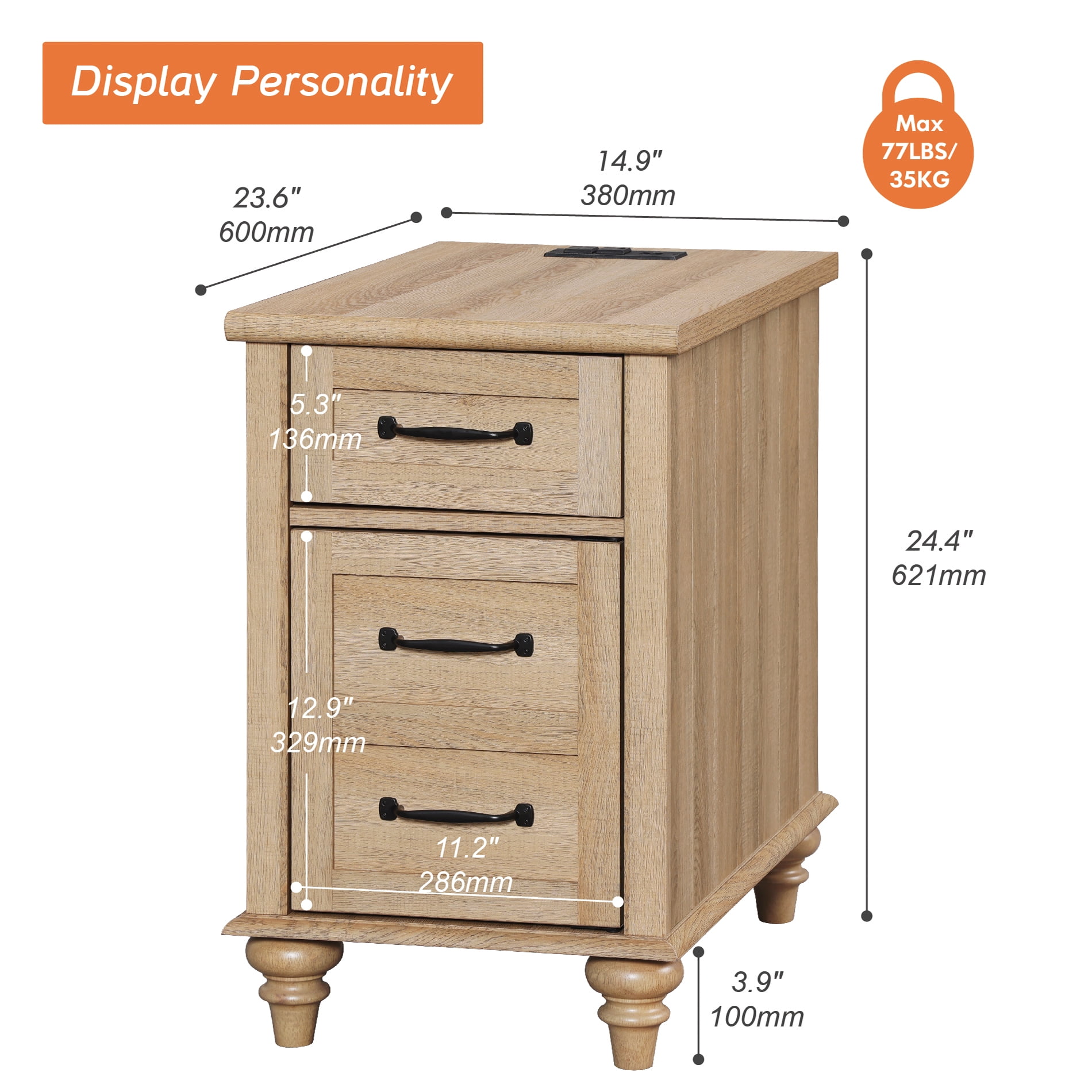Oak End Table with Charing Staion, Narrow Nightstand Side Table with Drawer for Living Room