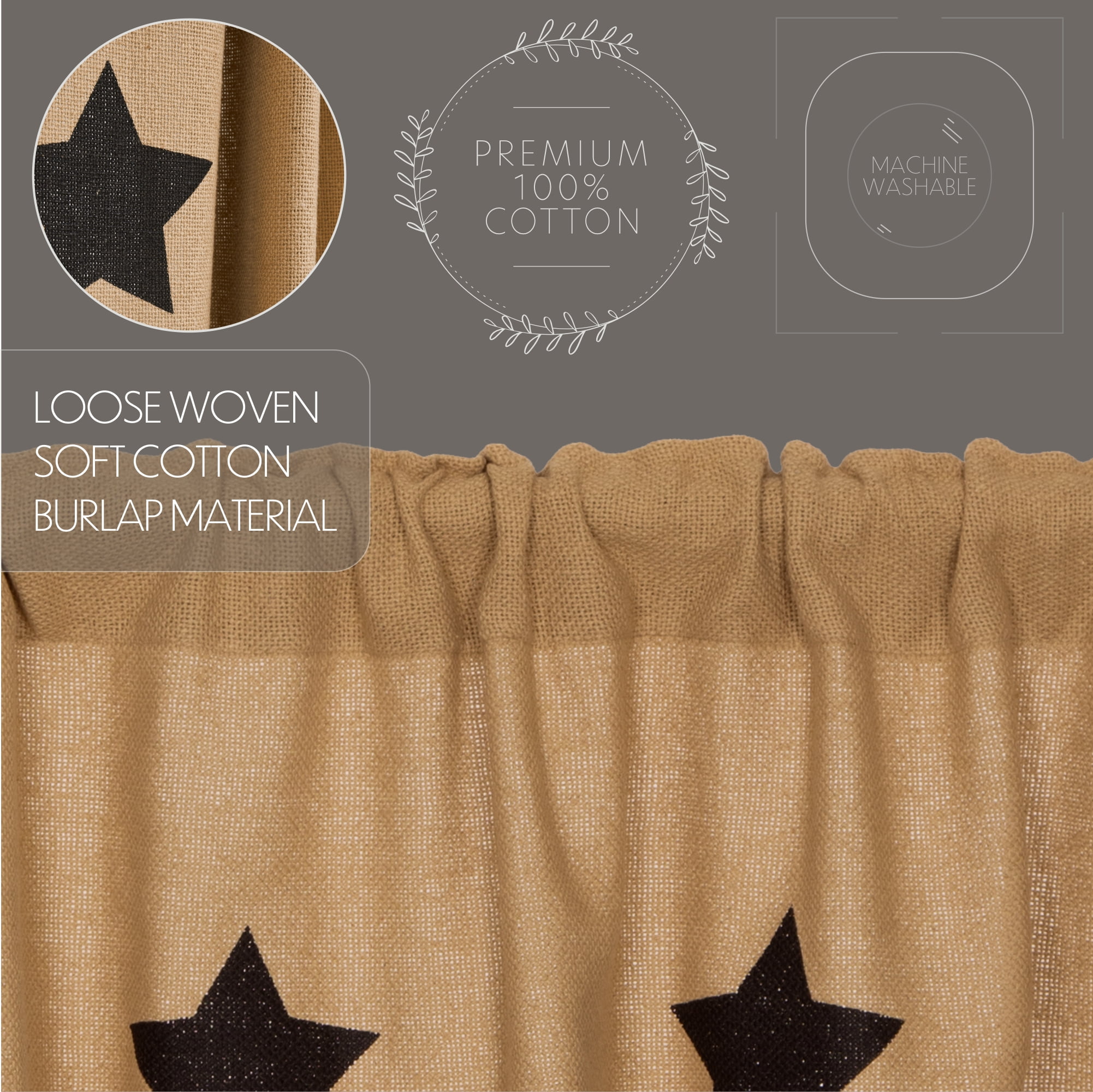 VHC Brands Burlap Natural with Black Stars Primitive 63"x36" Panel Pair Tan Rod Pocket Stenciled Cotton Tie Back(s) Window Curtains