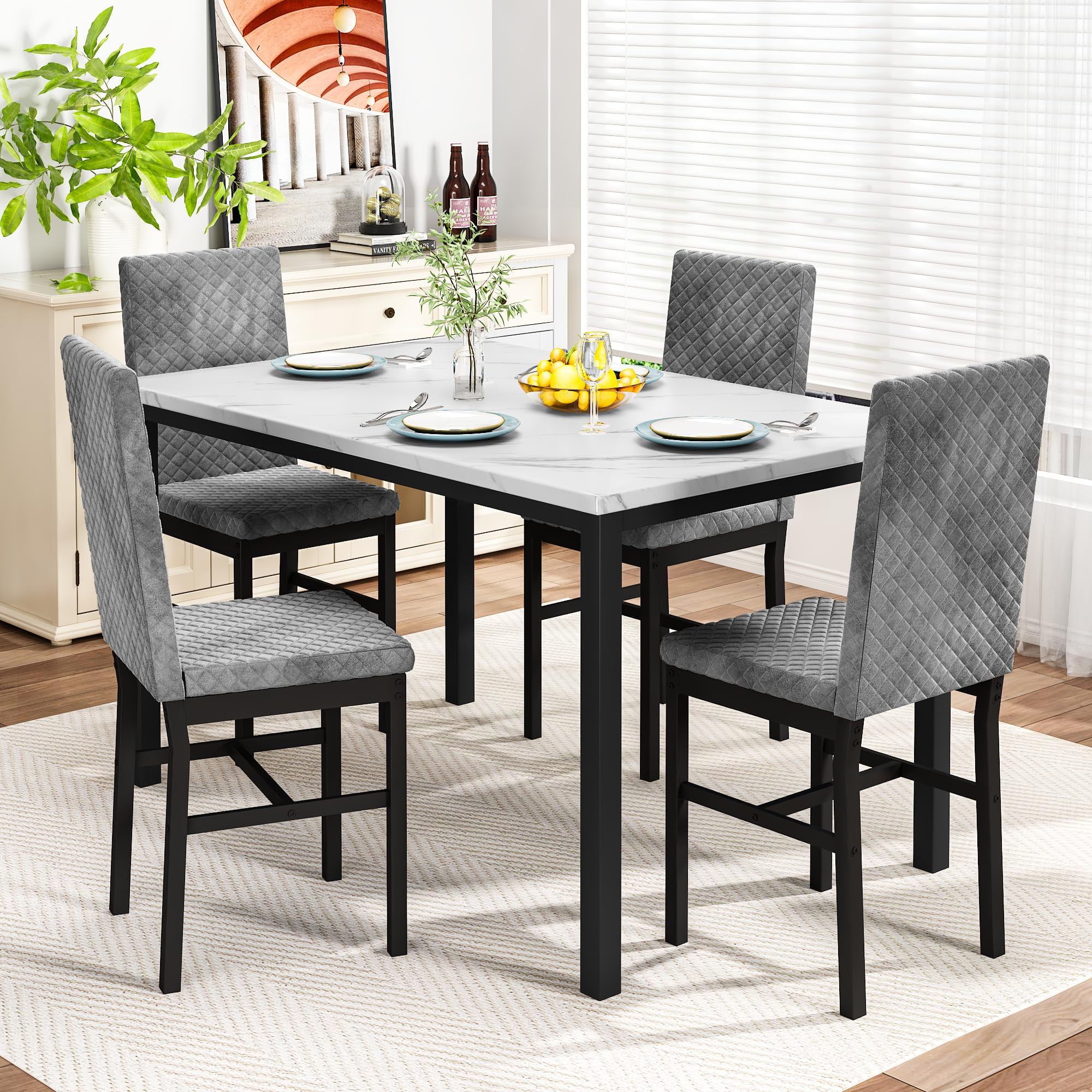Lamerge Marble Kitchen Table Set with 4 Upholstered Velvet Chairs for Home Kitchen, Living Room, Dining Room, White and Gray