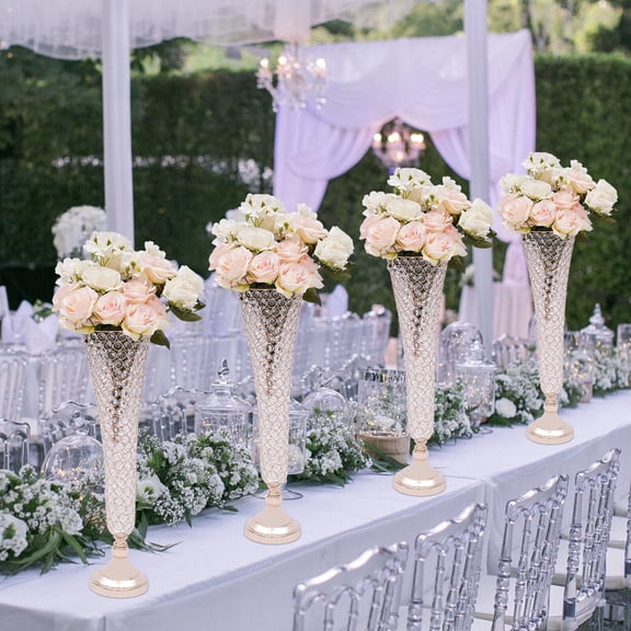 4-Piece Gold Trumpet Floral Vases Wedding Crystal Flower Stand for Table Centerpiece
