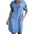 thumbnail image 2 of TIAFORD Vestido camisero de mezclilla para mujer hasta la rodilla Casaul manga corta con botones casual Jean túnica Top con bolsillos, 2 of 4