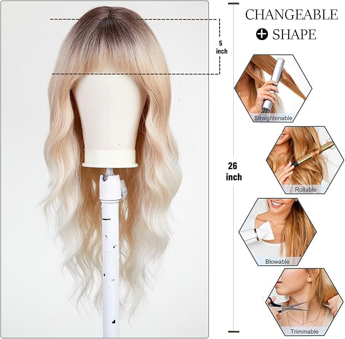 Long Curly Ombre Blonde Wigs With Bangs Wig for Women Synthetic Hair Wig for Party Cosplay Daily Use -26 inches(Beige Wig)