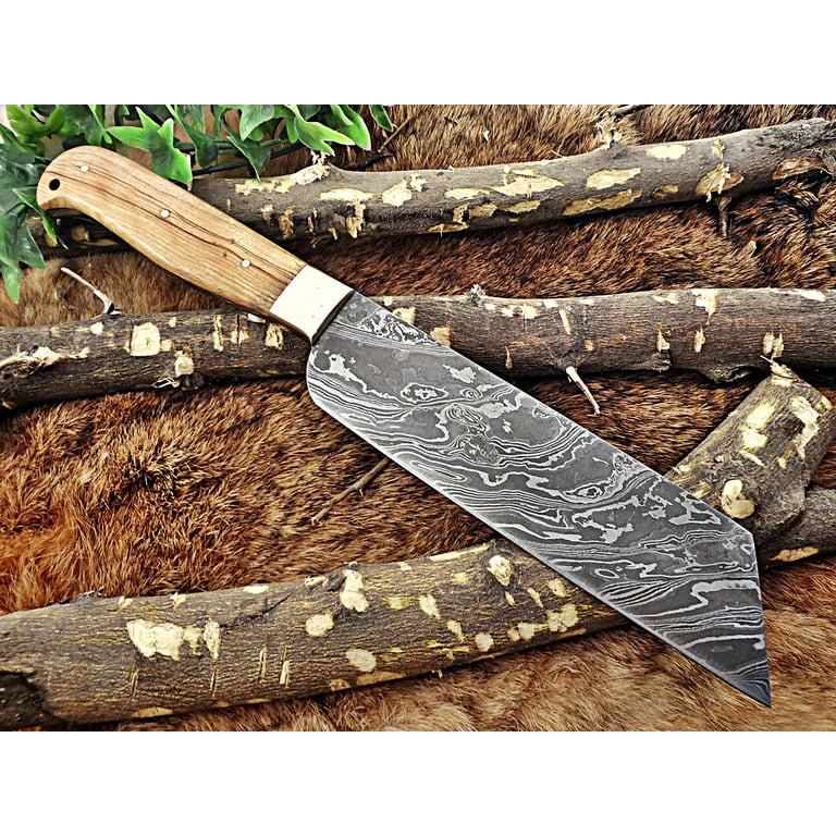 Handmade Chef Knife Santoku Damascus Olive Wood & Dark wood Handle with  Leather Sheath